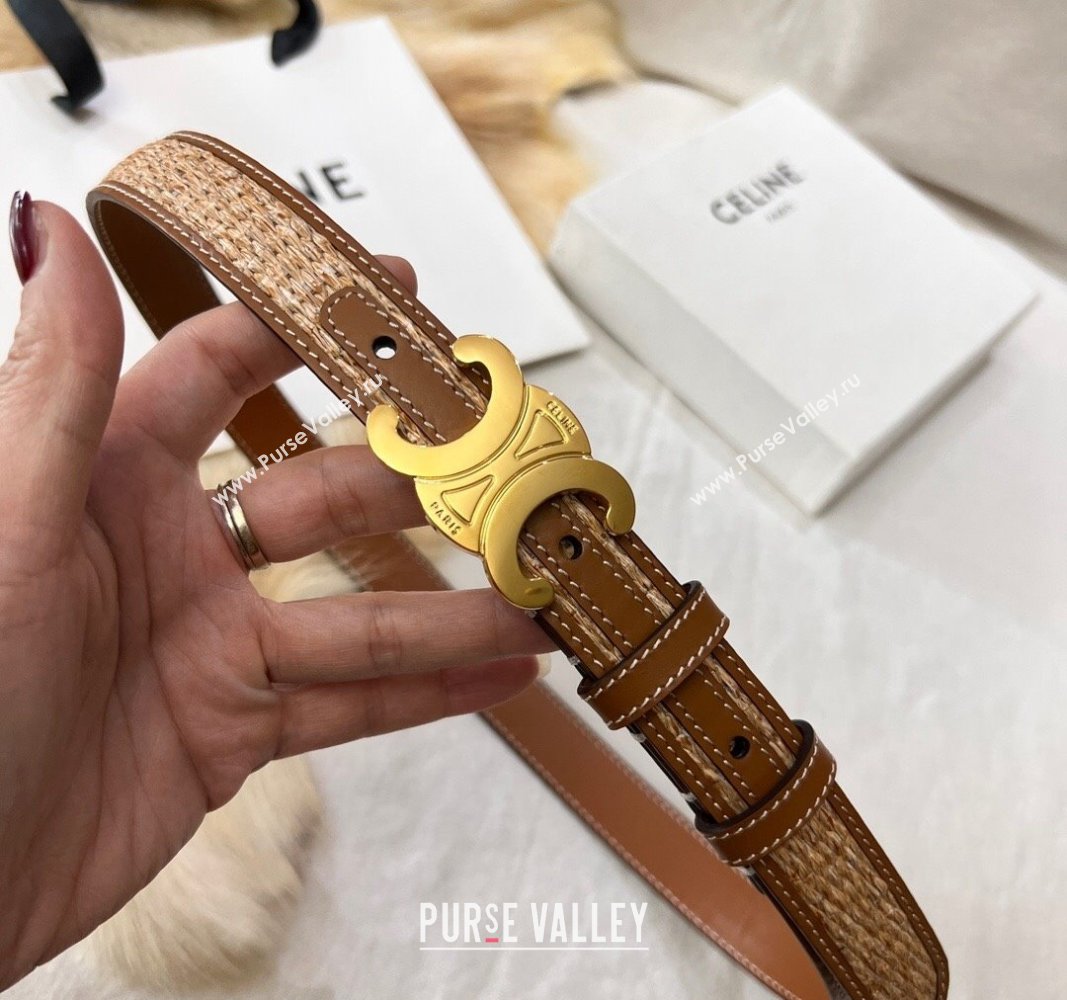 Celine Triomphe Belt 2.5cm in Straw-Like aand Leather with Gold Logo Buckle Shiny Gold 2024 368340 (99-240509138)