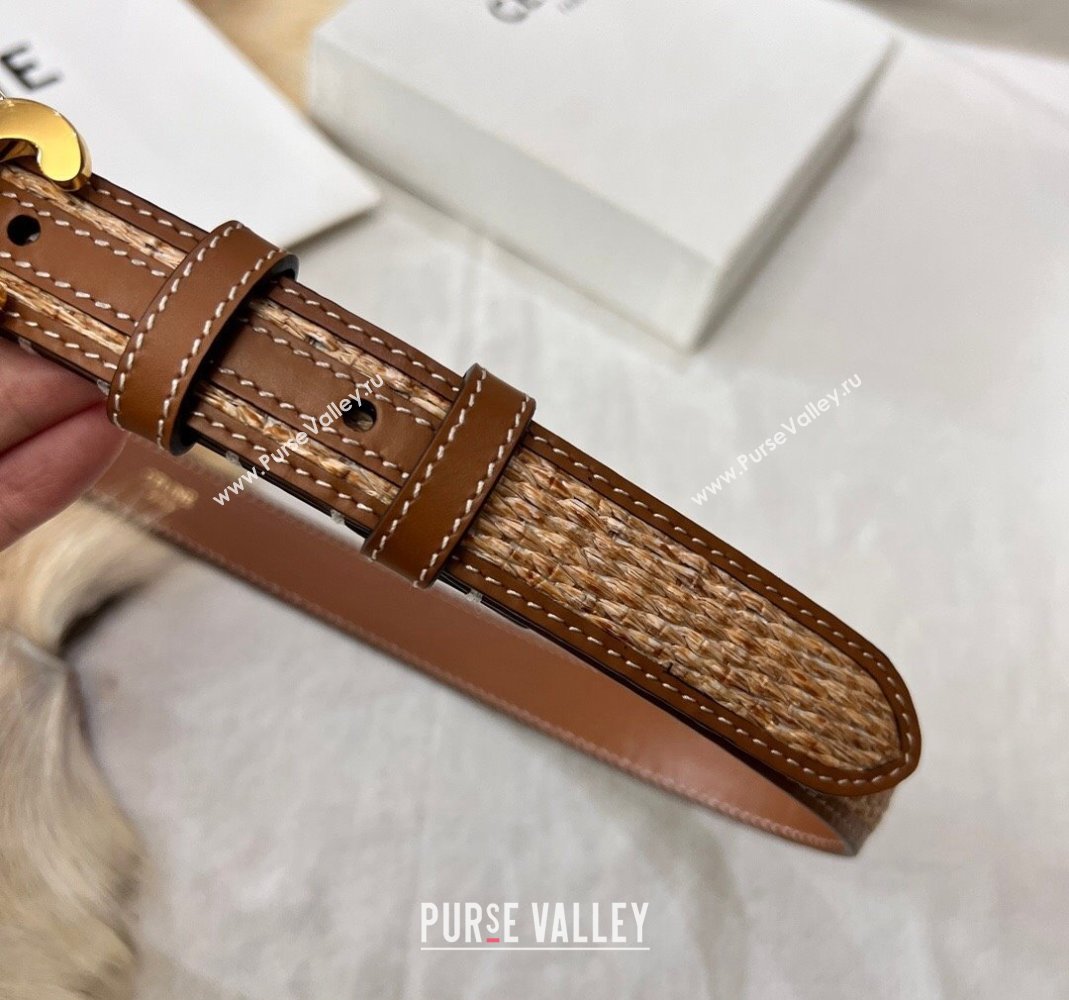 Celine Triomphe Belt 2.5cm in Straw-Like aand Leather with Gold Logo Buckle Shiny Gold 2024 368340 (99-240509138)