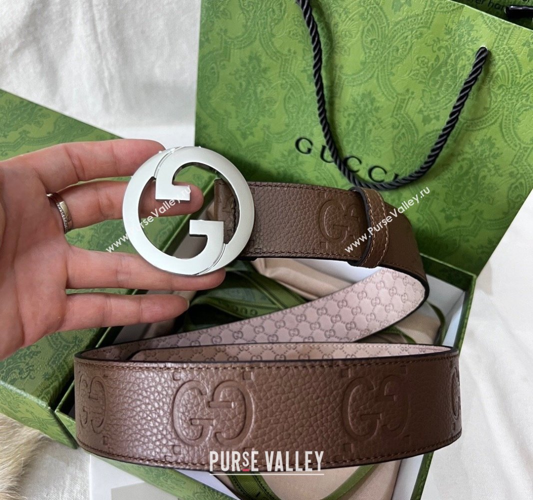 Gucci Maxi GG Belt 3.8cm with Interlocking G Buckle in Grained Leather Brown 2024 050901 (99-240509139)