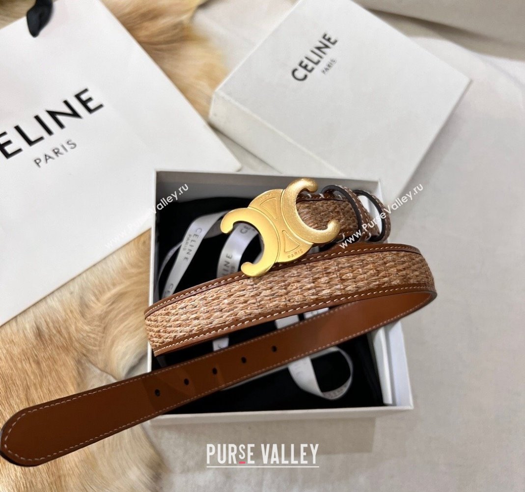 Celine Triomphe Belt 2.5cm in Straw-Like aand Leather with Aged Gold Logo Buckle 2024 368340 (99-240509136)
