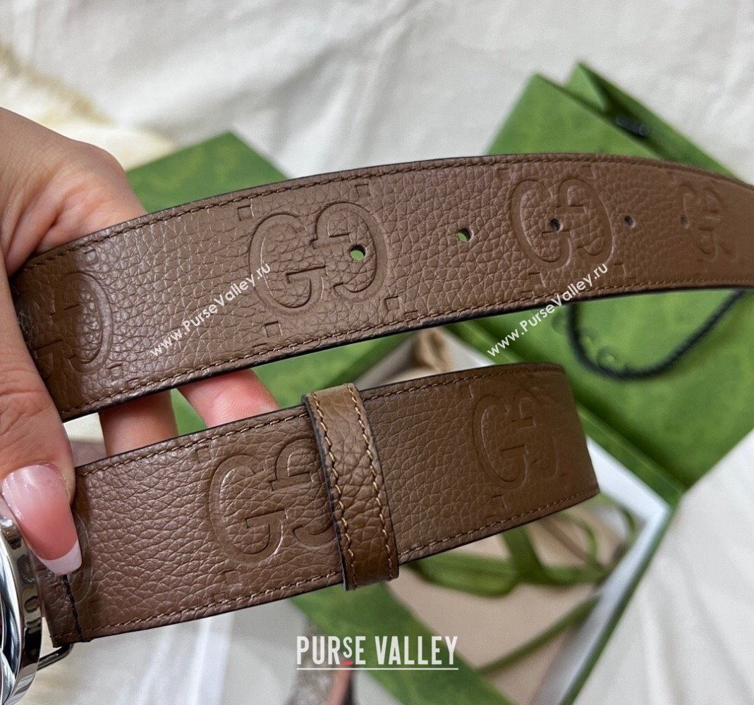 Gucci Maxi GG Belt 3.8cm with Interlocking G Buckle in Grained Leather Brown 2024 050901 (99-240509139)