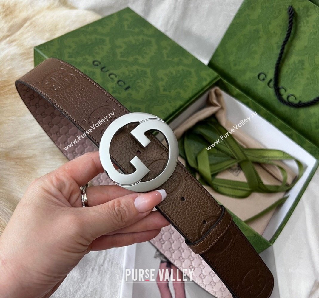 Gucci Maxi GG Belt 3.8cm with Interlocking G Buckle in Grained Leather Brown 2024 050901 (99-240509139)