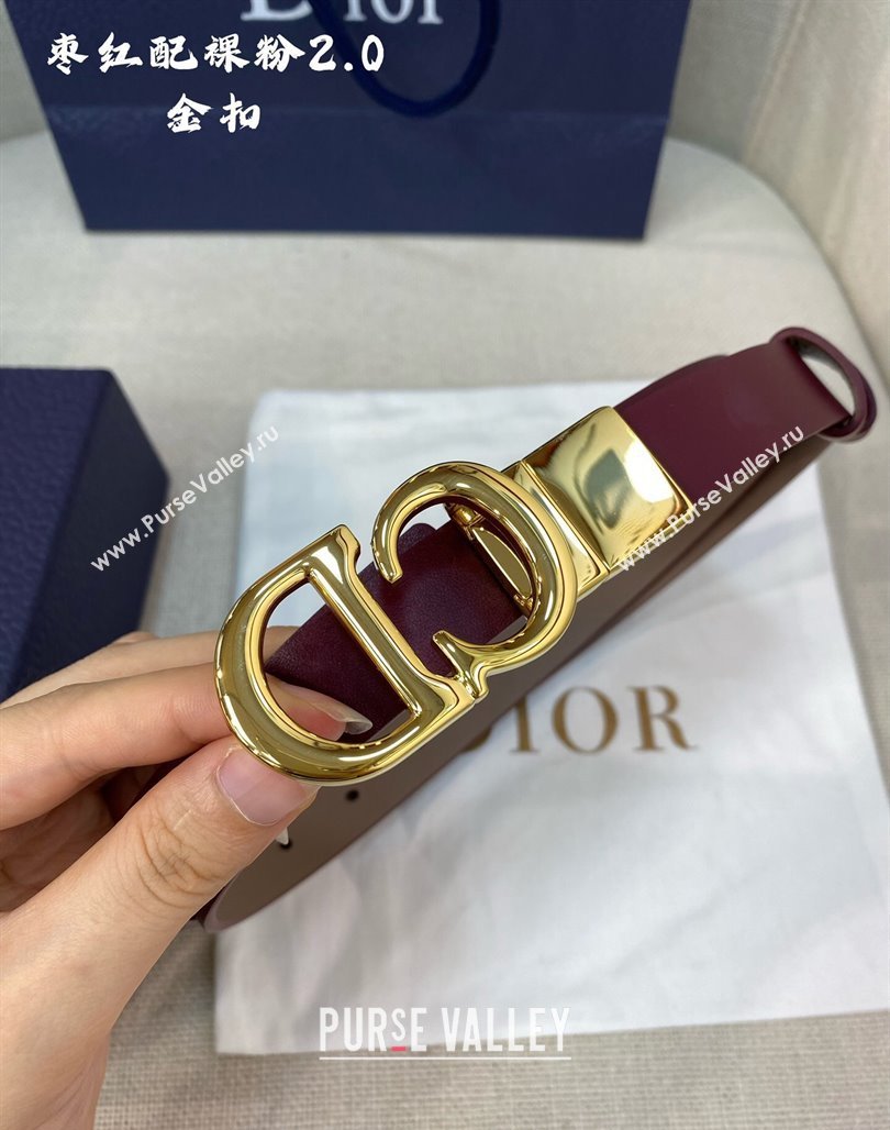 Dior Leather Reversible Belt 2cm with CD Buckle Burgundy/Nude 2024 051001 (99-240510018)