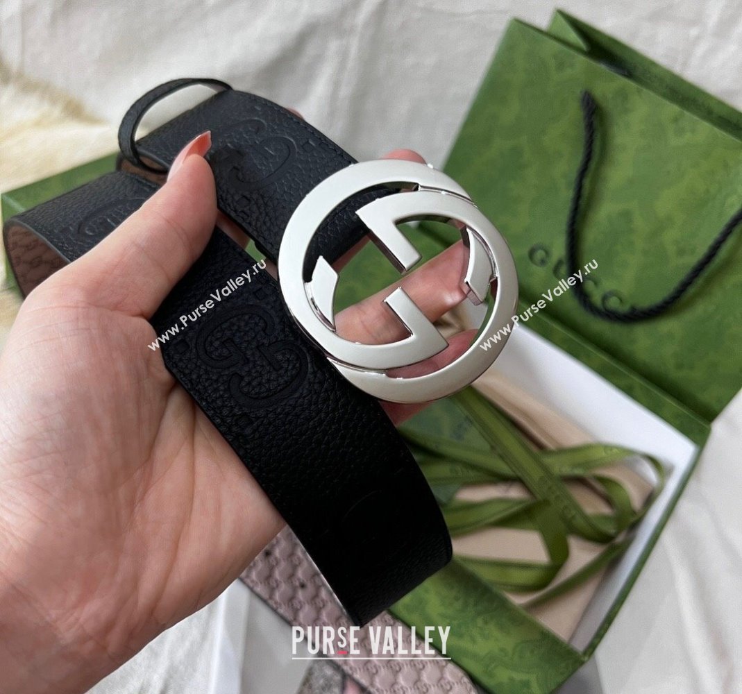 Gucci Maxi GG Belt 3.8cm with Interlocking G Buckle in Grained Leather Black 2024 050901 (99-240509140)