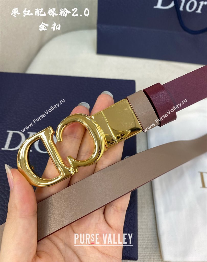 Dior Leather Reversible Belt 2cm with CD Buckle Burgundy/Nude 2024 051001 (99-240510018)