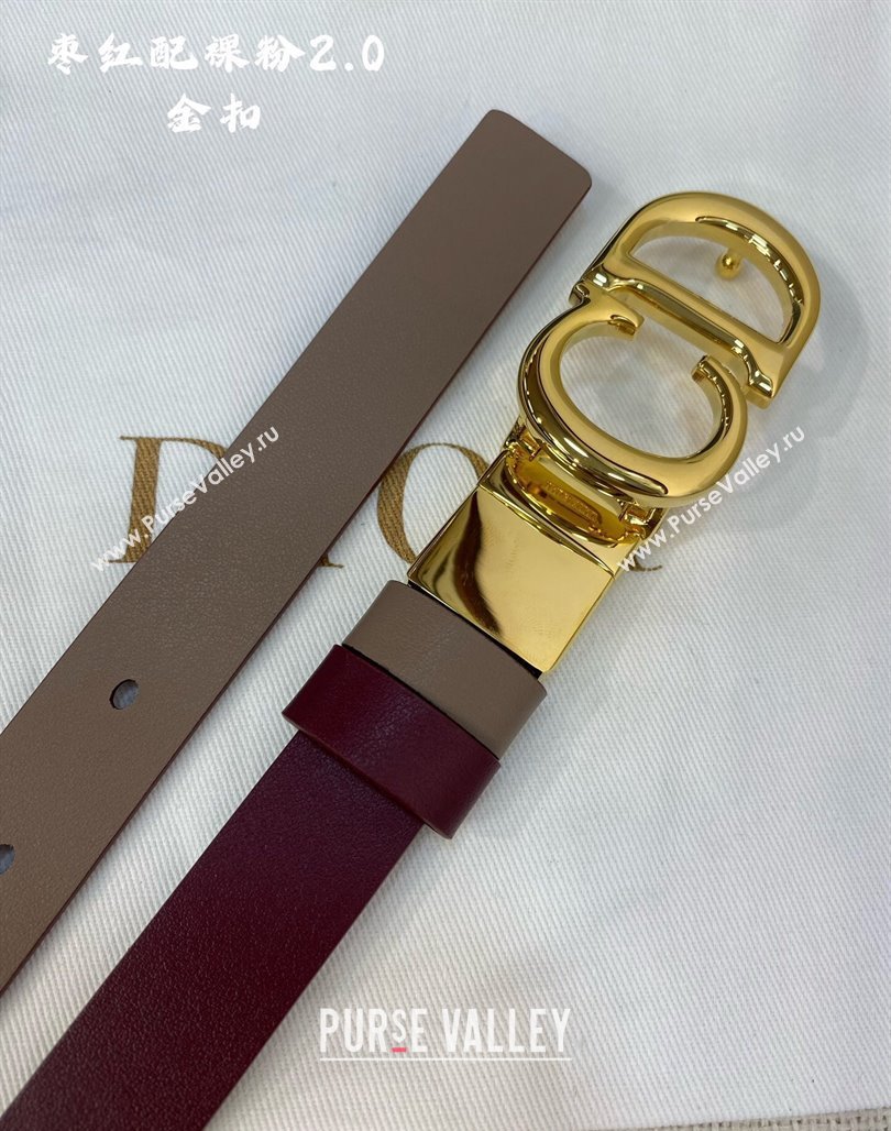 Dior Leather Reversible Belt 2cm with CD Buckle Burgundy/Nude 2024 051001 (99-240510018)