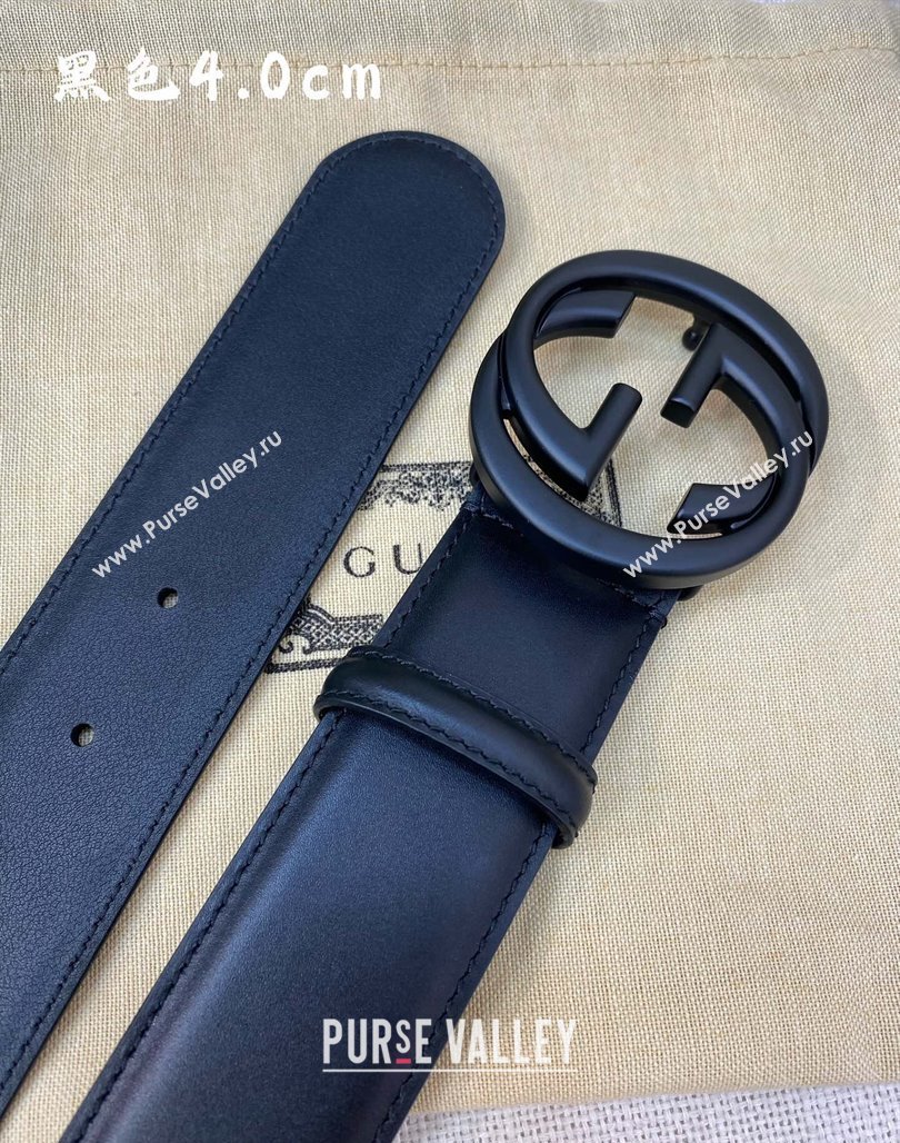 Gucci Calfskin Leather Belt 4cm with Interlocking G Buckle All Black 2024 050903 (99-240509157)