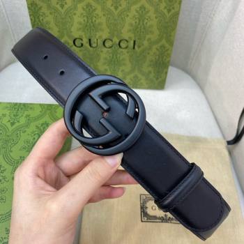 Gucci Calfskin Leather Belt 4cm with Interlocking G Buckle All Black 2024 050903 (99-240509157)