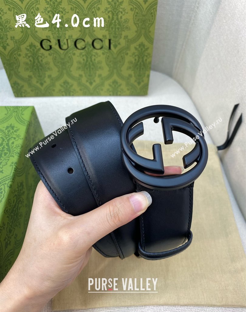 Gucci Calfskin Leather Belt 4cm with Interlocking G Buckle All Black 2024 050903 (99-240509157)