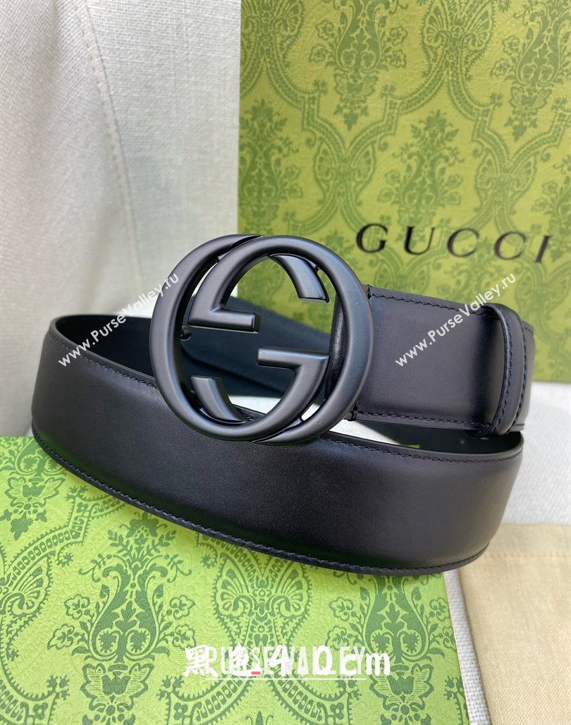 Gucci Calfskin Leather Belt 4cm with Interlocking G Buckle All Black 2024 050903 (99-240509157)