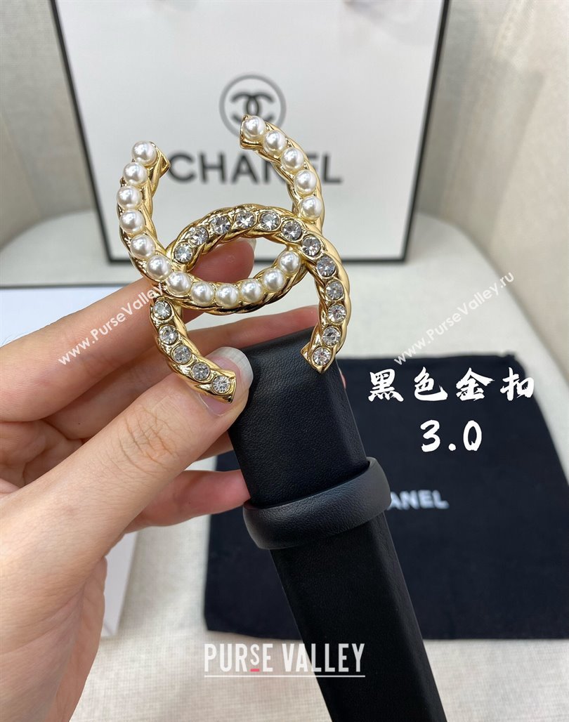 Chanel Leather Belt 3cm with Strass and Pearls CC Buckle Black/Gold 2024 050906 (99-240509172)