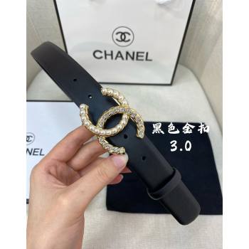 Chanel Leather Belt 3cm with Strass and Pearls CC Buckle Black/Gold 2024 050906 (99-240509172)