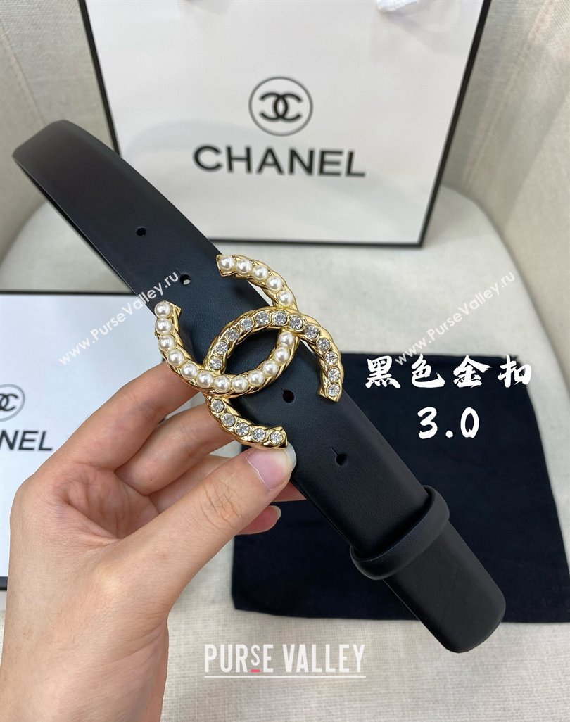 Chanel Leather Belt 3cm with Strass and Pearls CC Buckle Black/Gold 2024 050906 (99-240509172)