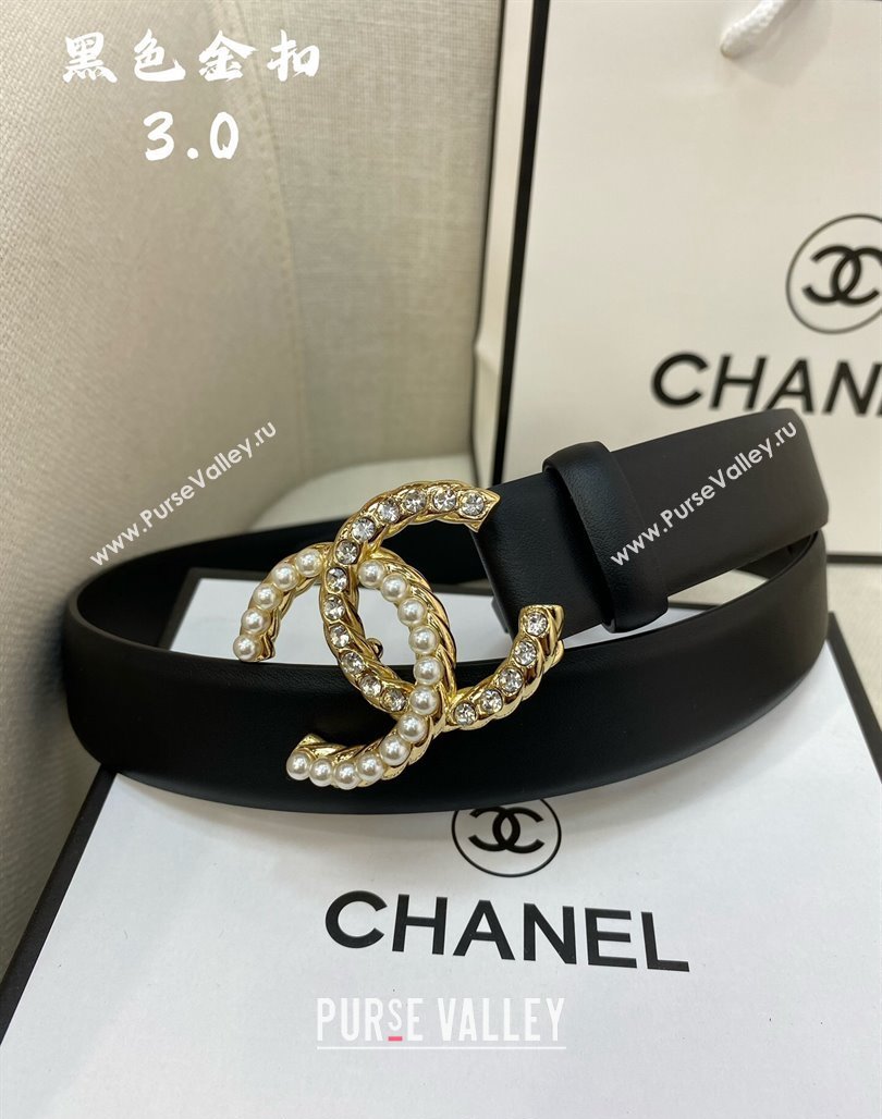 Chanel Leather Belt 3cm with Strass and Pearls CC Buckle Black/Gold 2024 050906 (99-240509172)