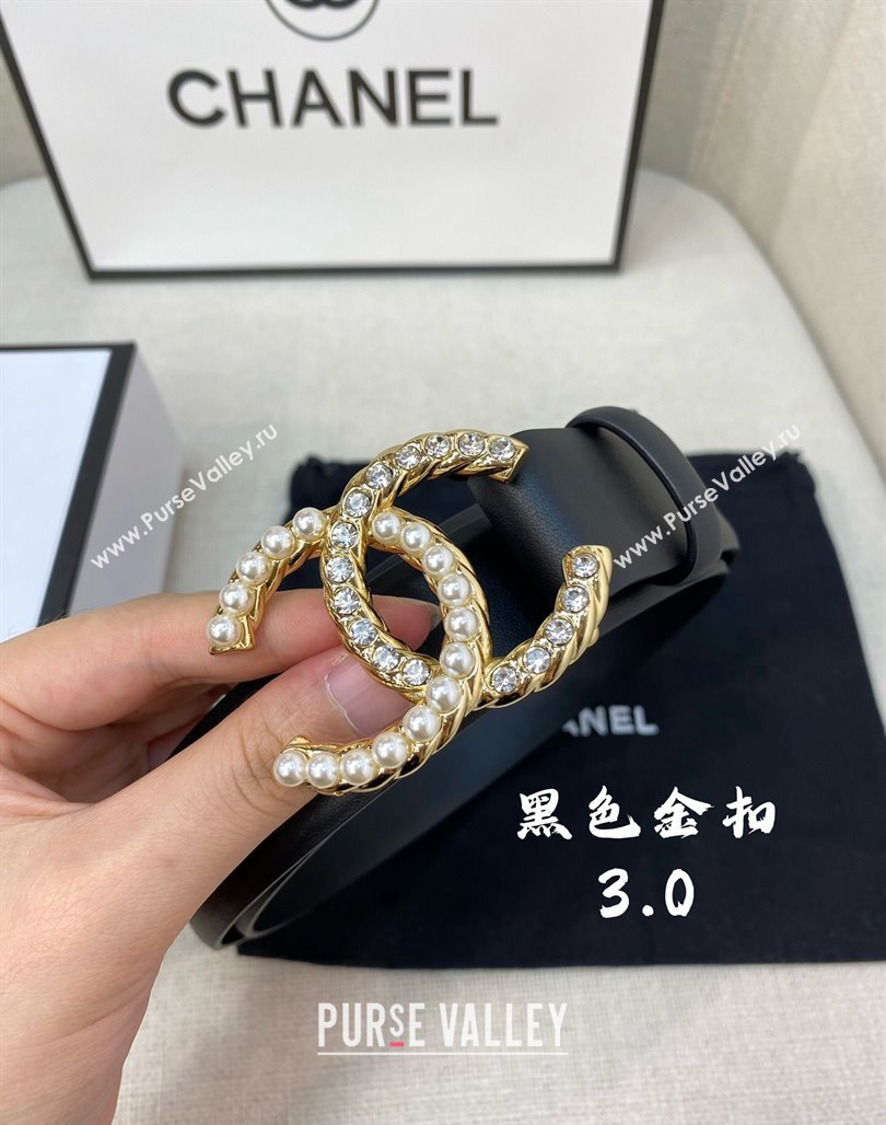 Chanel Leather Belt 3cm with Strass and Pearls CC Buckle Black/Gold 2024 050906 (99-240509172)