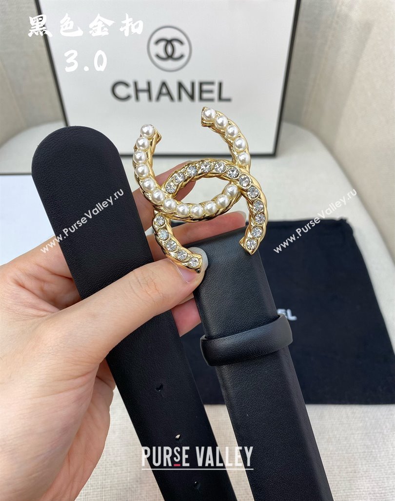 Chanel Leather Belt 3cm with Strass and Pearls CC Buckle Black/Gold 2024 050906 (99-240509172)