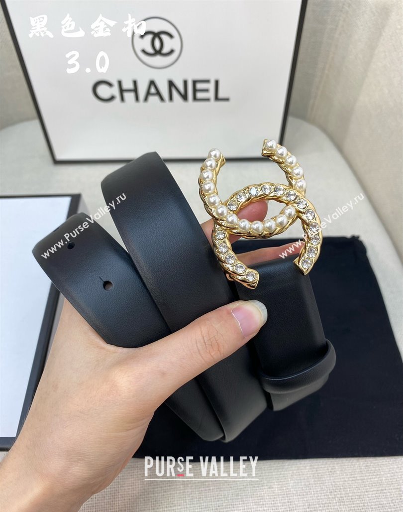 Chanel Leather Belt 3cm with Strass and Pearls CC Buckle Black/Gold 2024 050906 (99-240509172)