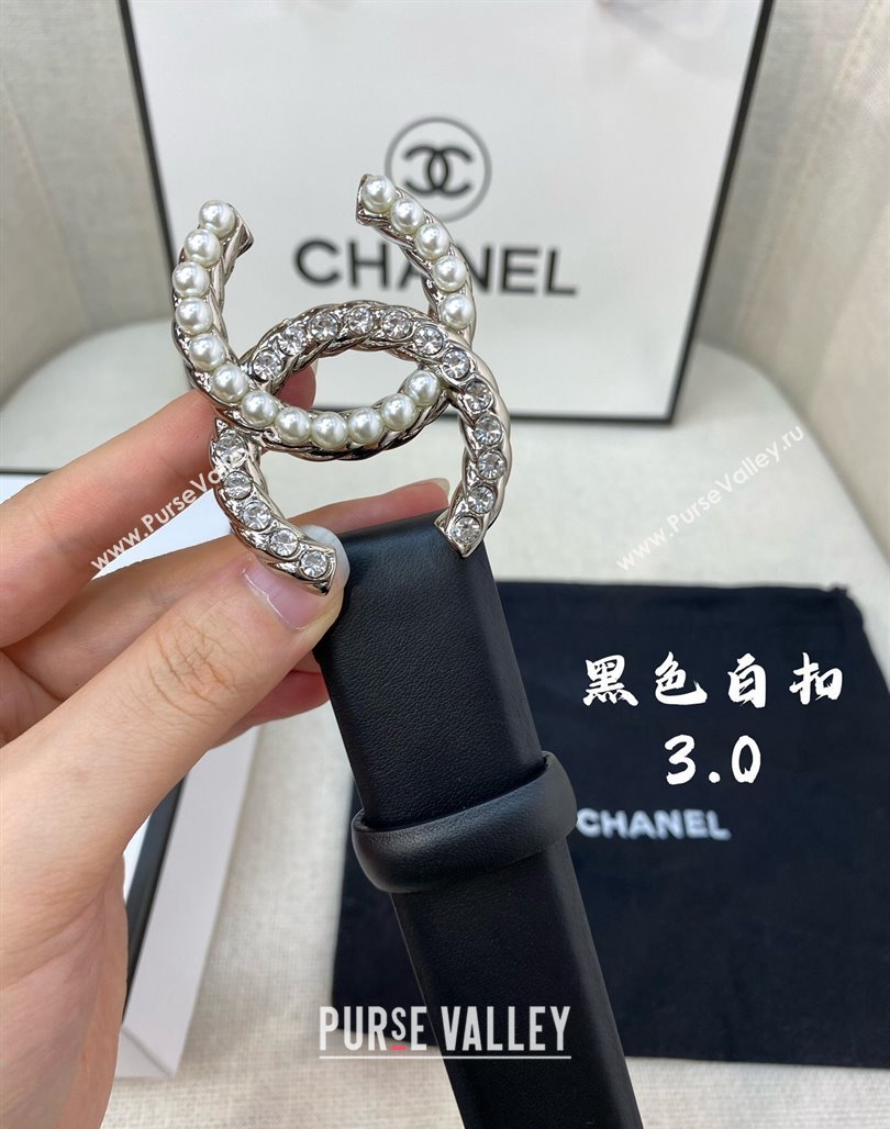 Chanel Leather Belt 3cm with Strass and Pearls CC Buckle Black/Silver 2024 050906 (99-240509173)