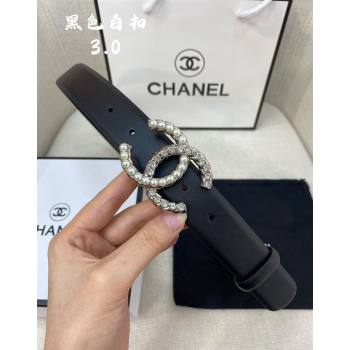 Chanel Leather Belt 3cm with Strass and Pearls CC Buckle Black/Silver 2024 050906 (99-240509173)