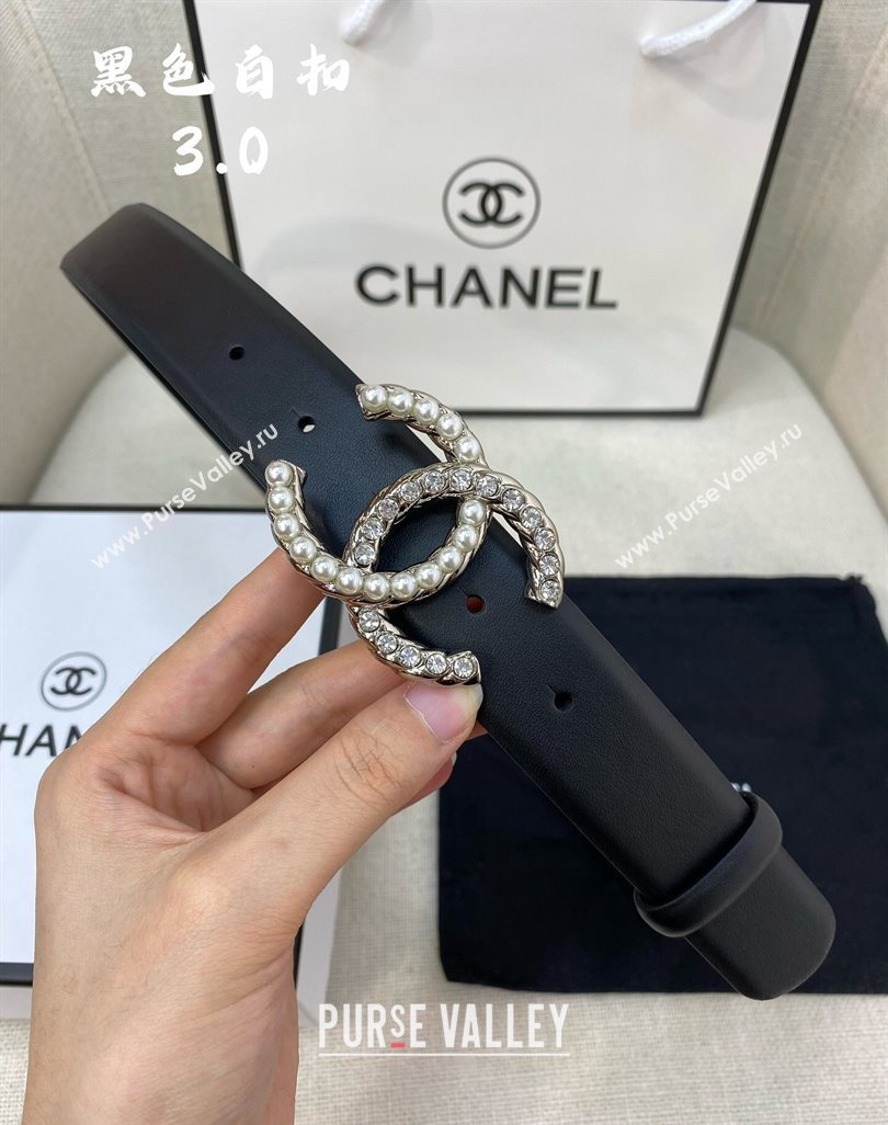 Chanel Leather Belt 3cm with Strass and Pearls CC Buckle Black/Silver 2024 050906 (99-240509173)