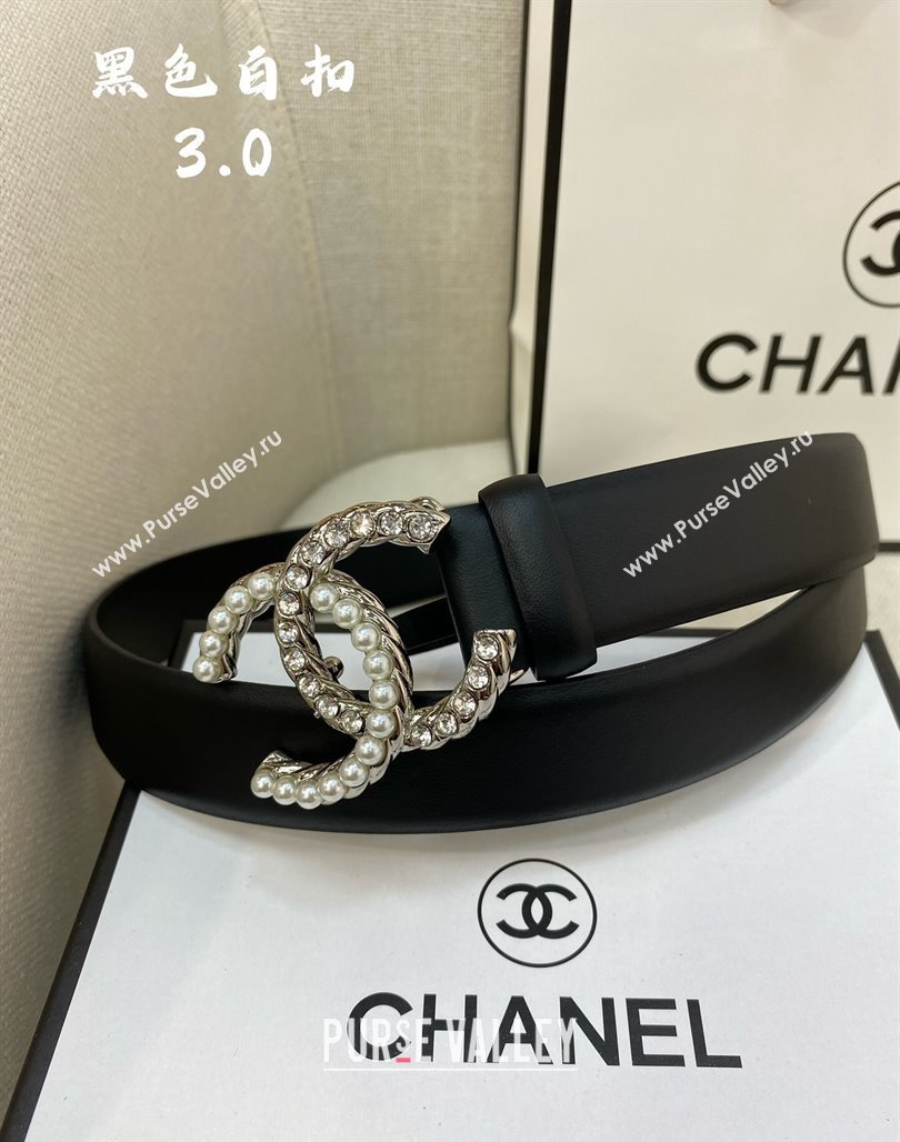 Chanel Leather Belt 3cm with Strass and Pearls CC Buckle Black/Silver 2024 050906 (99-240509173)