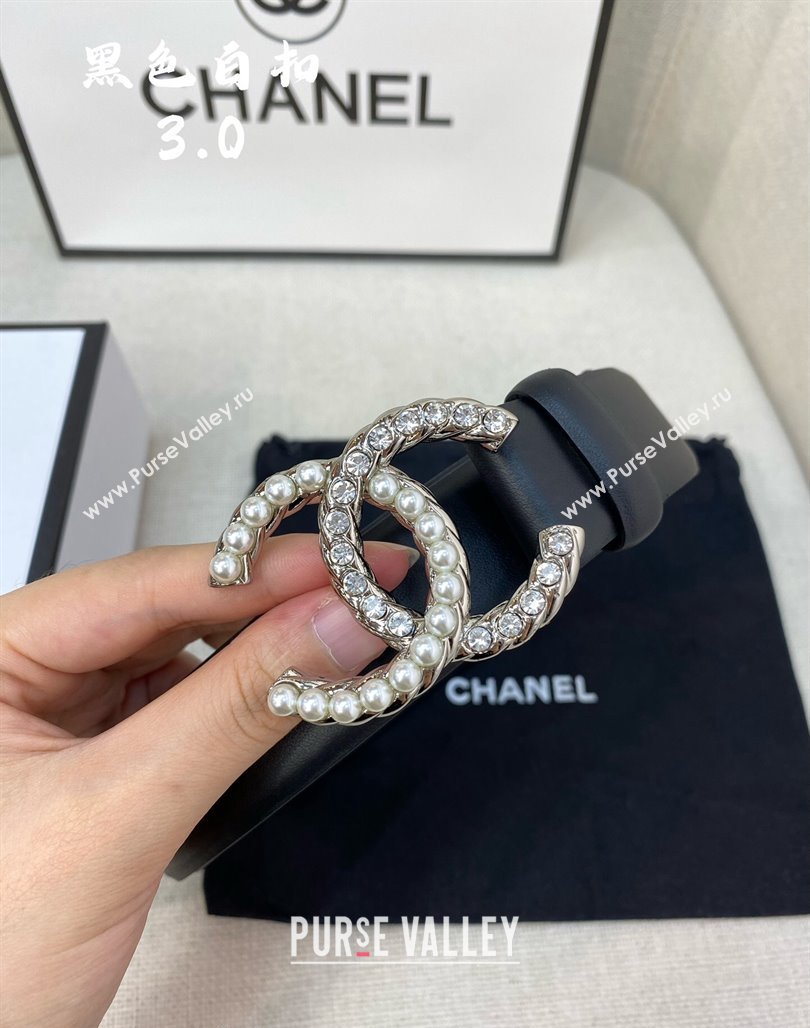 Chanel Leather Belt 3cm with Strass and Pearls CC Buckle Black/Silver 2024 050906 (99-240509173)