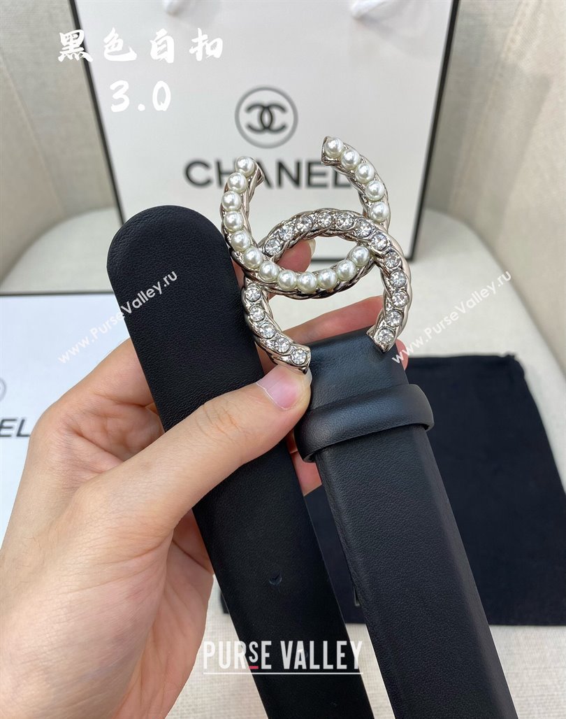 Chanel Leather Belt 3cm with Strass and Pearls CC Buckle Black/Silver 2024 050906 (99-240509173)