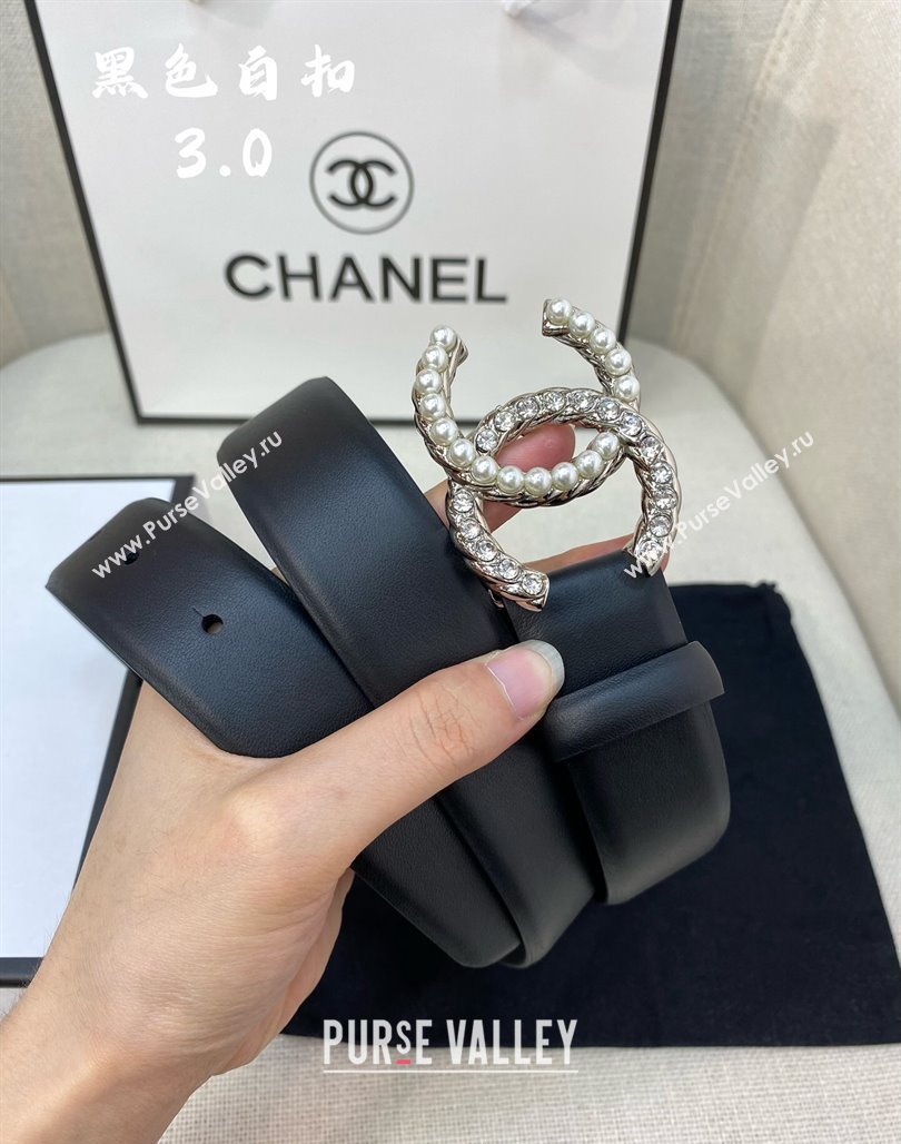 Chanel Leather Belt 3cm with Strass and Pearls CC Buckle Black/Silver 2024 050906 (99-240509173)