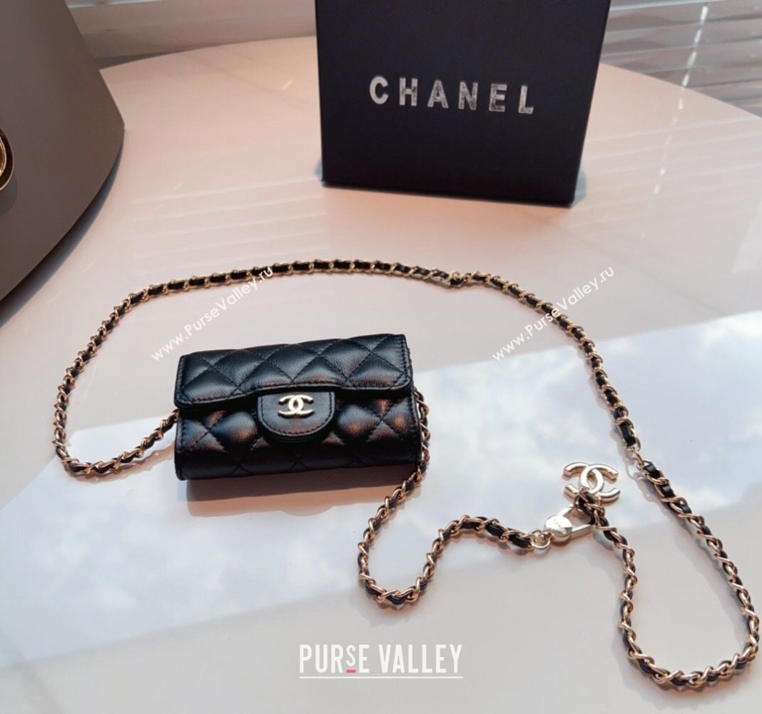 Chanel Calfskin Flap Card Holder with Chain Black 2024 0510 (99-240510079)