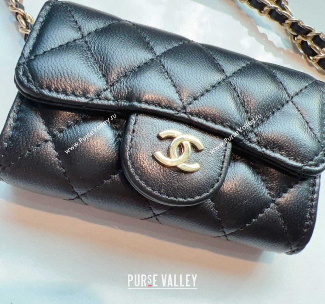 Chanel Calfskin Flap Card Holder with Chain Black 2024 0510 (99-240510079)