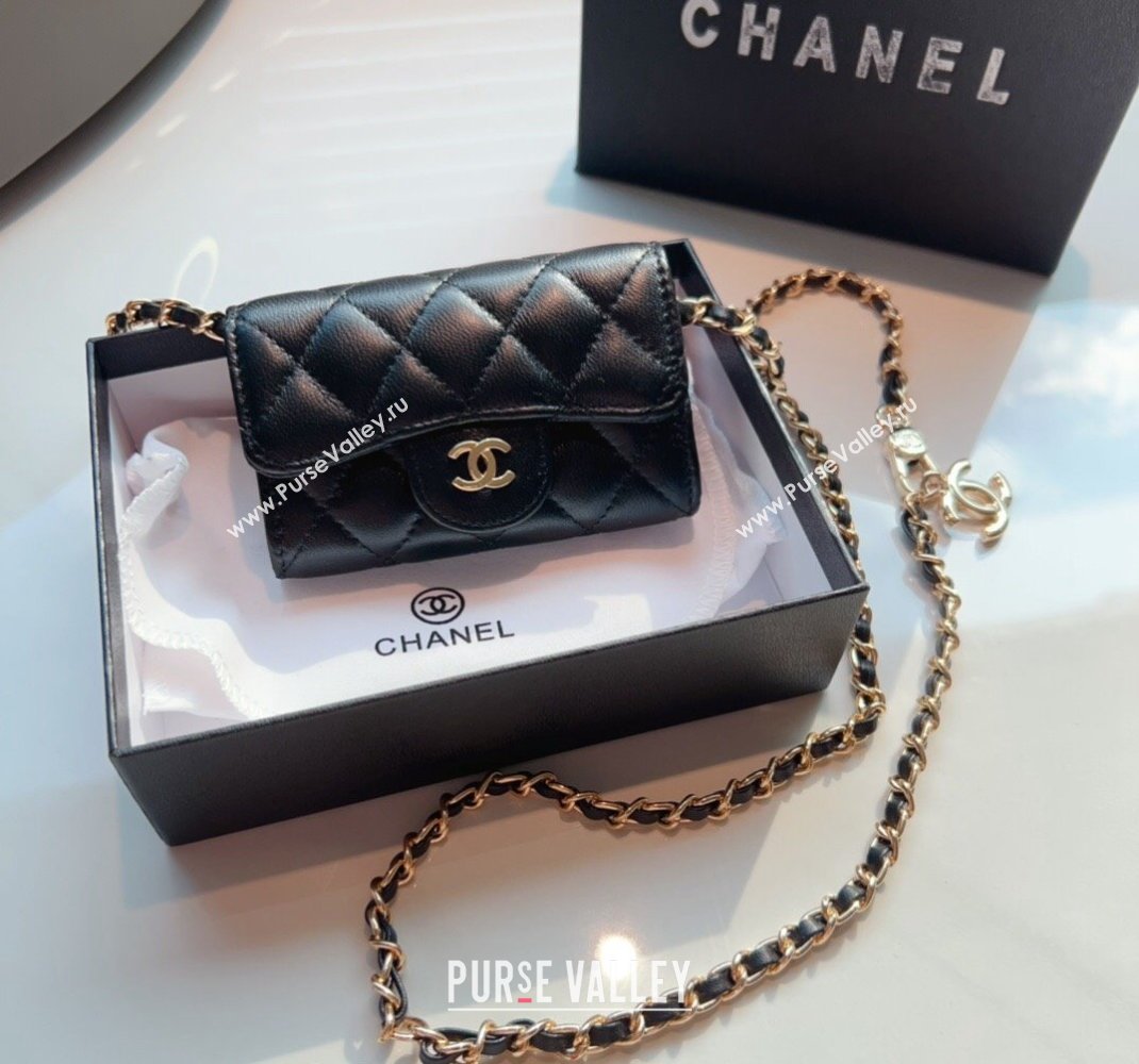 Chanel Calfskin Flap Card Holder with Chain Black 2024 0510 (99-240510079)