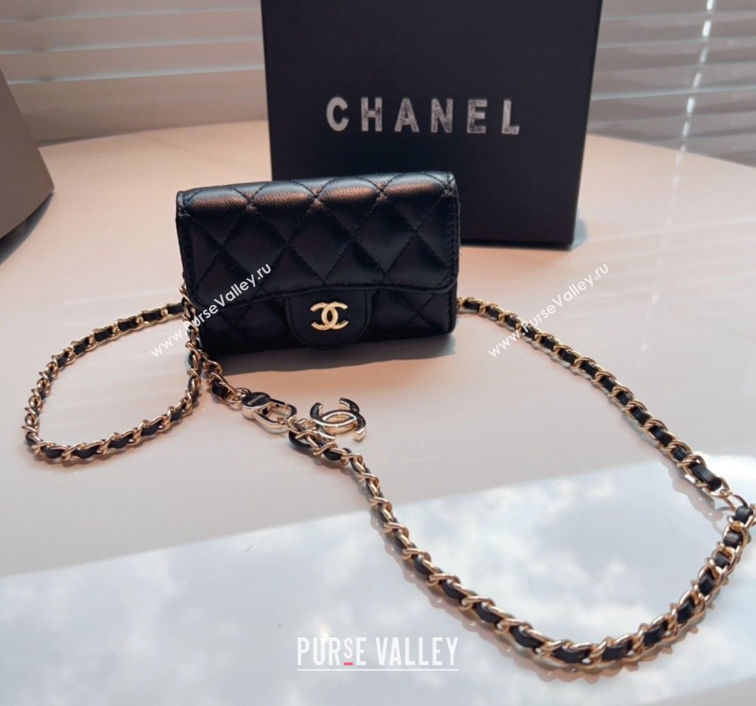 Chanel Calfskin Flap Card Holder with Chain Black 2024 0510 (99-240510079)