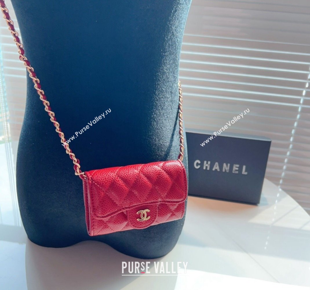 Chanel Grained Calfskin Flap Card Holder with Chain Red 2024 0510 (99-240510080)