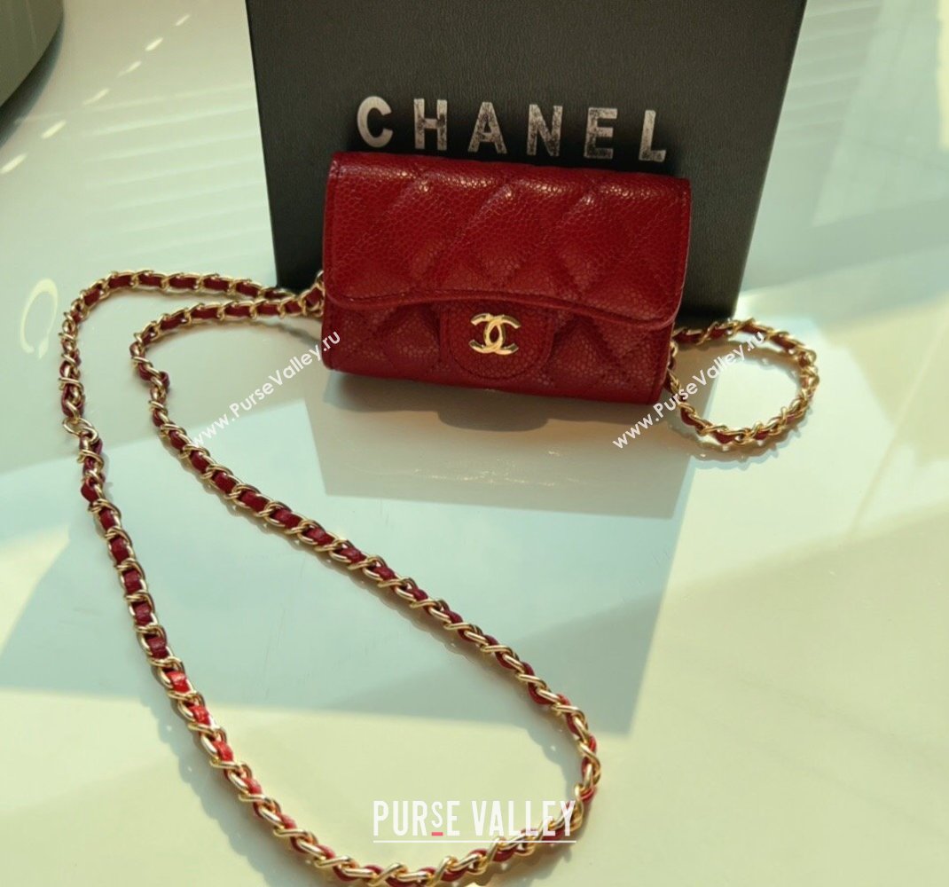 Chanel Grained Calfskin Flap Card Holder with Chain Red 2024 0510 (99-240510080)