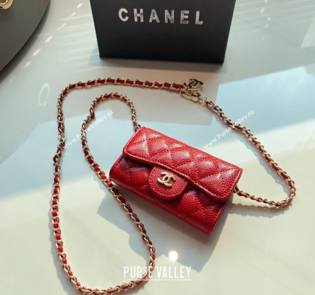 Chanel Grained Calfskin Flap Card Holder with Chain Red 2024 0510 (99-240510080)