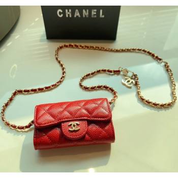 Chanel Grained Calfskin Flap Card Holder with Chain Red 2024 0510 (99-240510080)