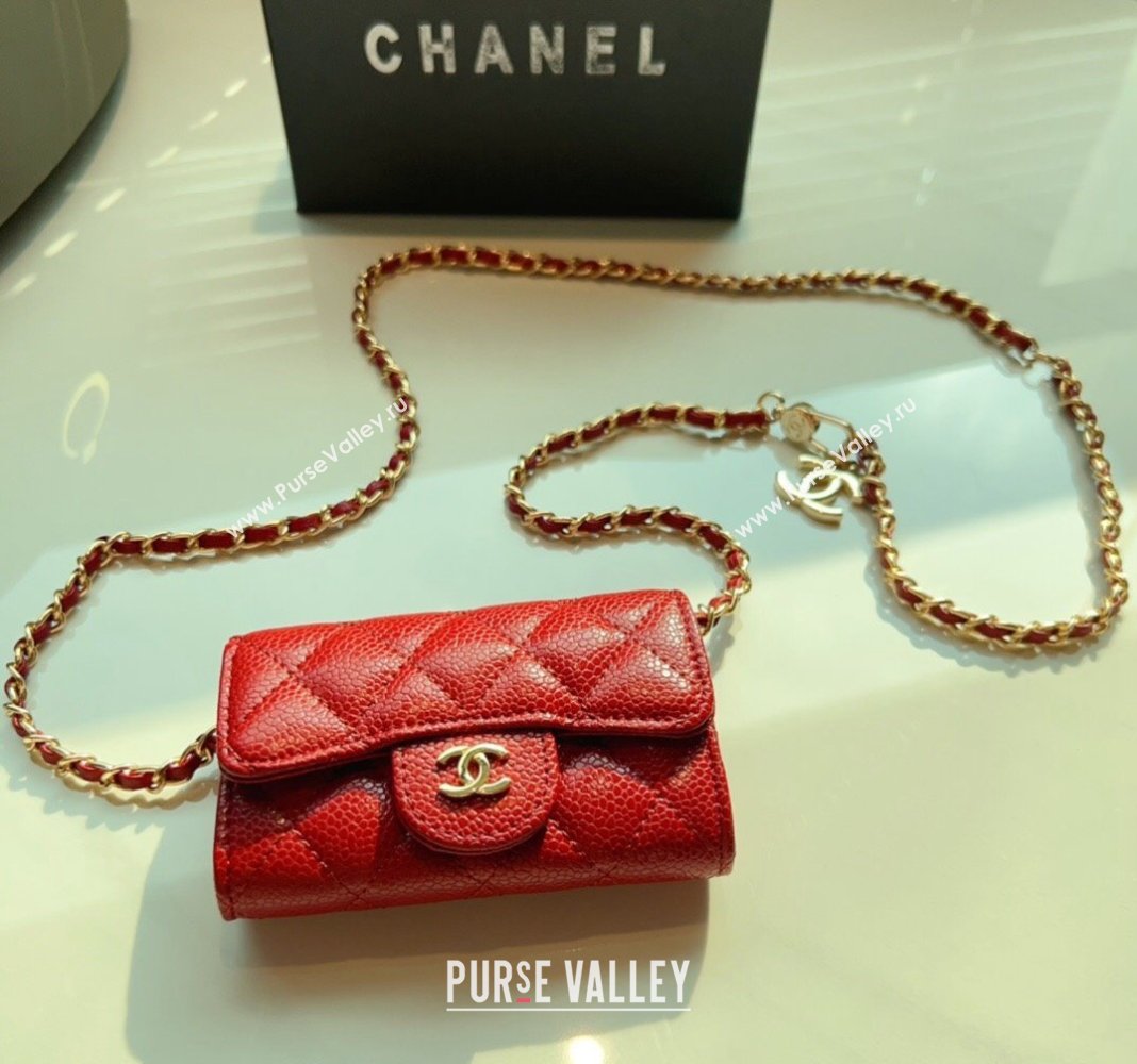 Chanel Grained Calfskin Flap Card Holder with Chain Red 2024 0510 (99-240510080)