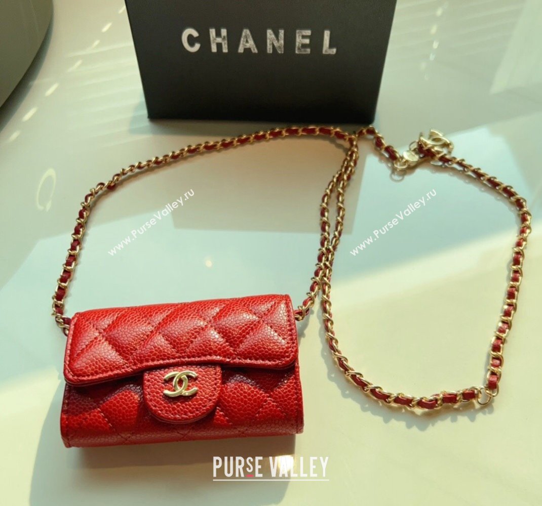 Chanel Grained Calfskin Flap Card Holder with Chain Red 2024 0510 (99-240510080)