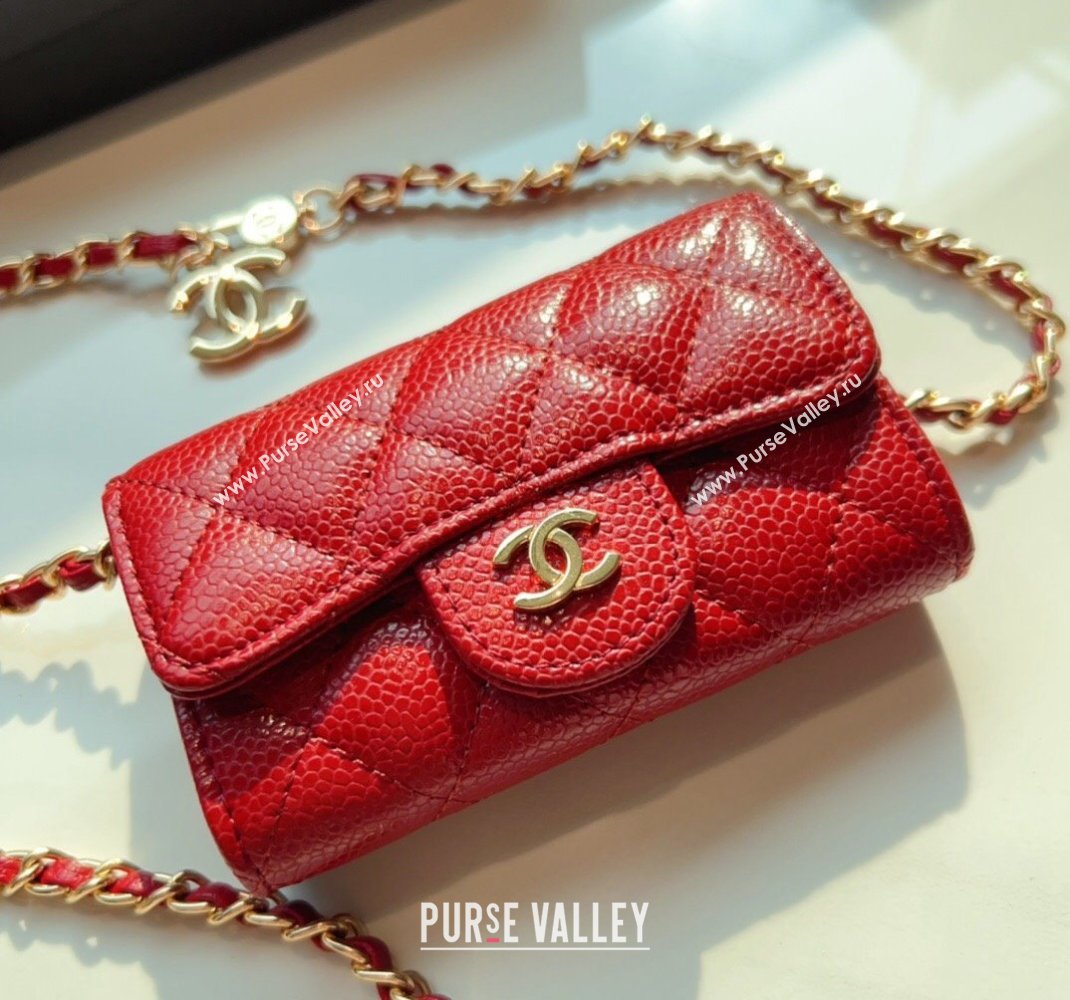 Chanel Grained Calfskin Flap Card Holder with Chain Red 2024 0510 (99-240510080)