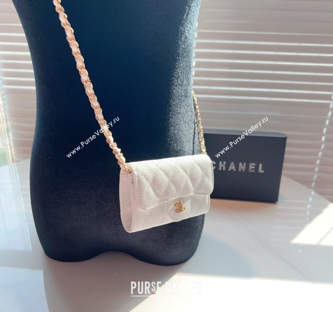 Chanel Grained Calfskin Flap Card Holder with Chain White 2024 0510 (99-240510081)