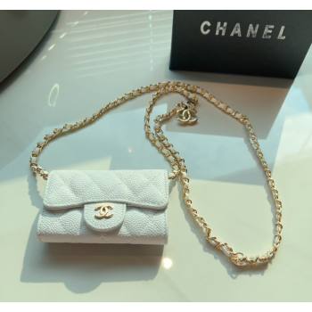 Chanel Grained Calfskin Flap Card Holder with Chain White 2024 0510 (99-240510081)