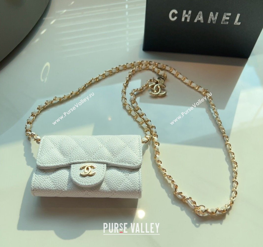 Chanel Grained Calfskin Flap Card Holder with Chain White 2024 0510 (99-240510081)