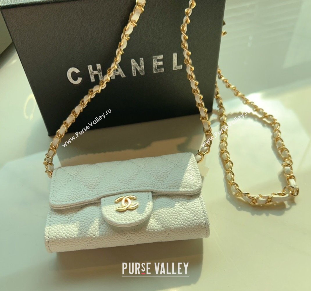 Chanel Grained Calfskin Flap Card Holder with Chain White 2024 0510 (99-240510081)