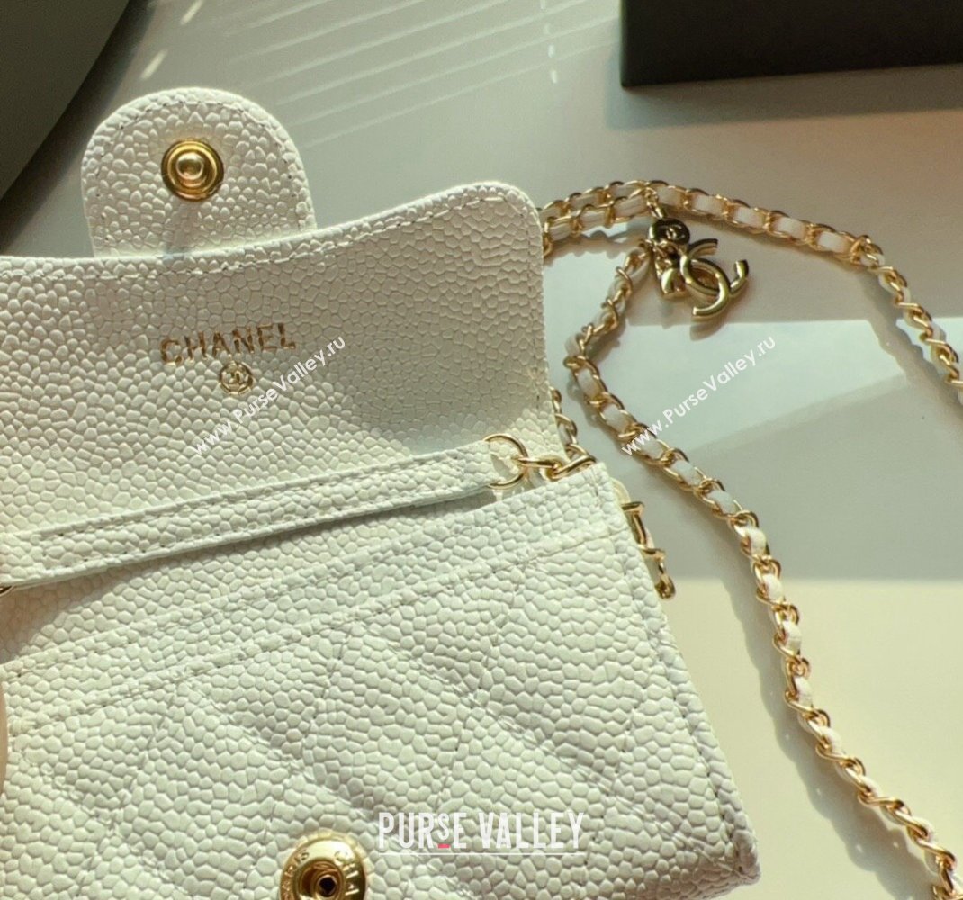 Chanel Grained Calfskin Flap Card Holder with Chain White 2024 0510 (99-240510081)