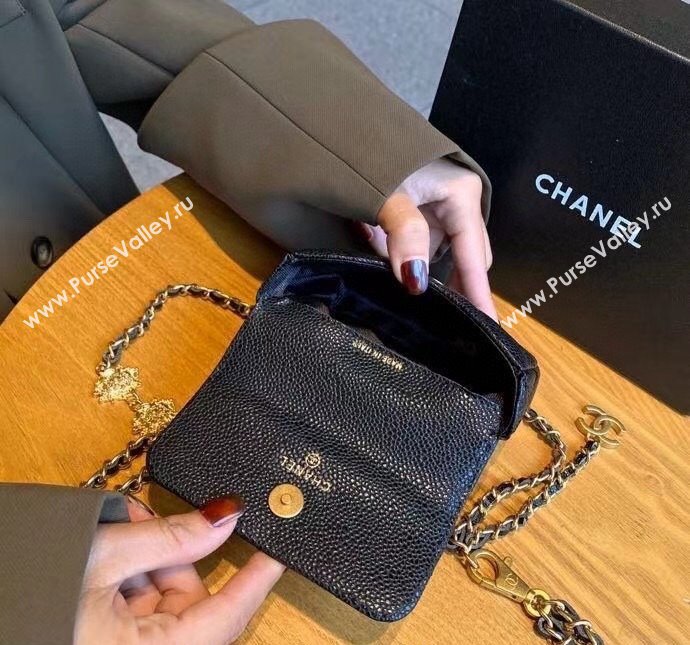 Chanel Grained Calfskin Chain Mini Belt Bag with Lion Charm Black 2024 0510 (99-240510082)