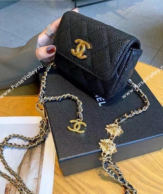 Chanel Grained Calfskin Chain Mini Belt Bag with Lion Charm Black 2024 0510 (99-240510082)