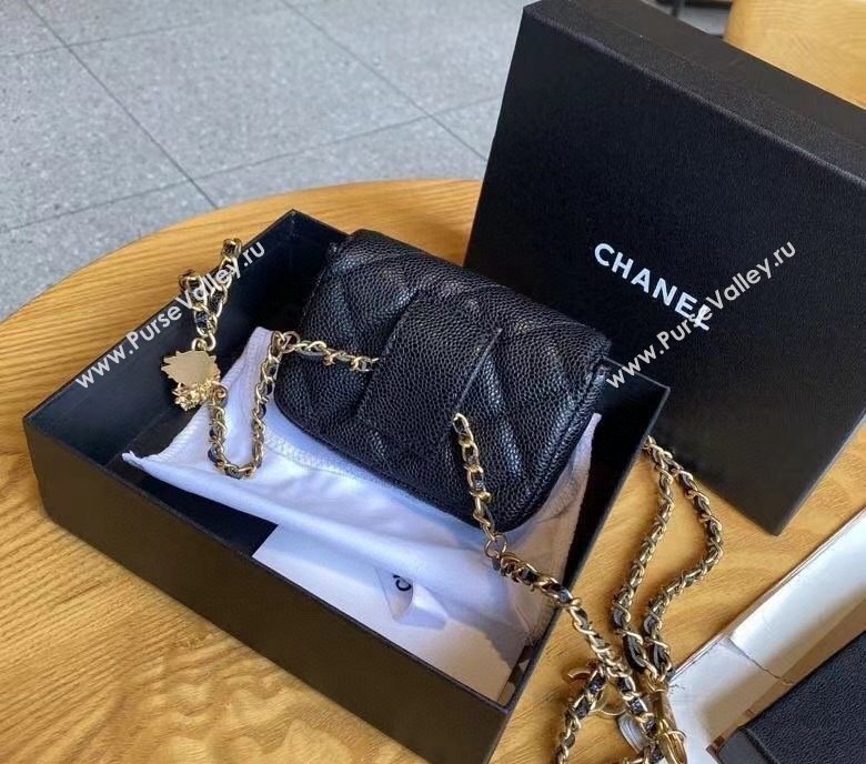 Chanel Grained Calfskin Chain Mini Belt Bag with Lion Charm Black 2024 0510 (99-240510082)