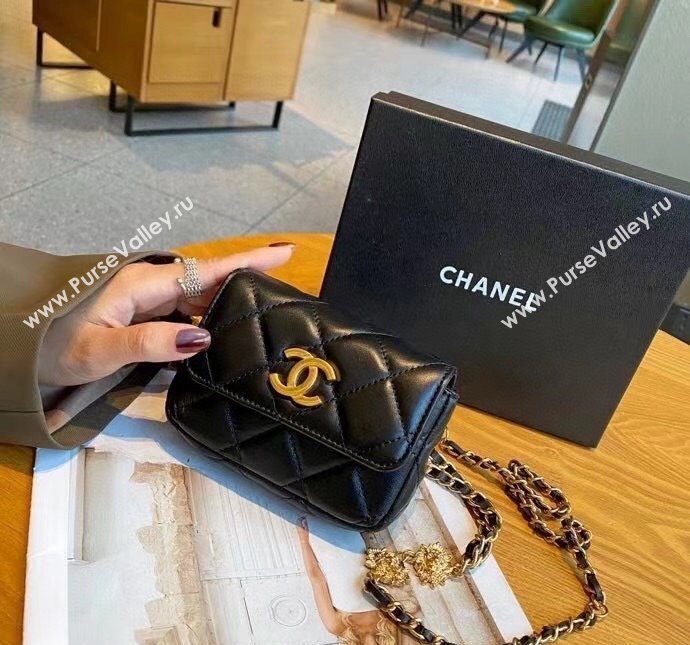 Chanel Lambskin Chain Mini Belt Bag with Lion Charm Black 2024 0510 (99-240510083)