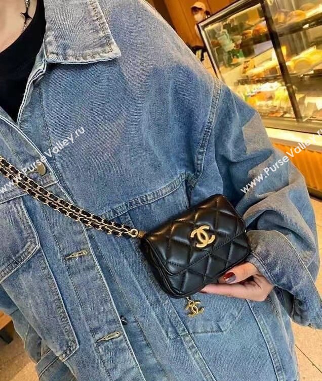 Chanel Lambskin Chain Mini Belt Bag with Lion Charm Black 2024 0510 (99-240510083)