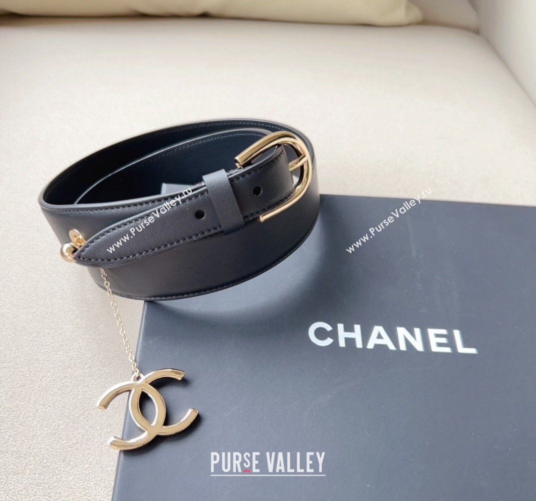 Chanel Leather Belt 3cm with CC Charm Black/Gold 2024 050901 (99-240509178)